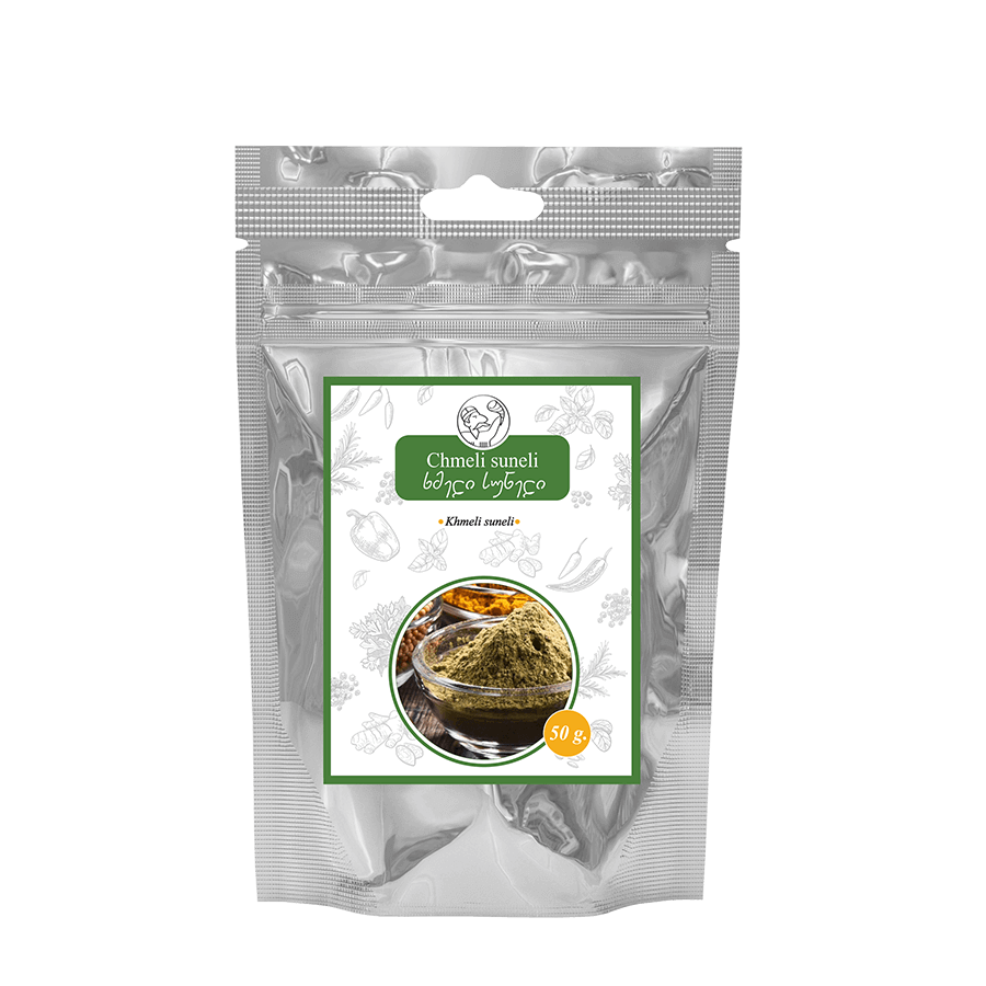 Khmeli suneli - 50 g. Khmeli suneli is a traditional Georgian spice blend that adds exceptional flavour and aroma to dishes. It contains a combination of dried herbs and spices such as coriander, dill, basil, paprika, fenugreek and others that are ideal for meat, fish, vegetables, soups and sauces. chmeli suneli