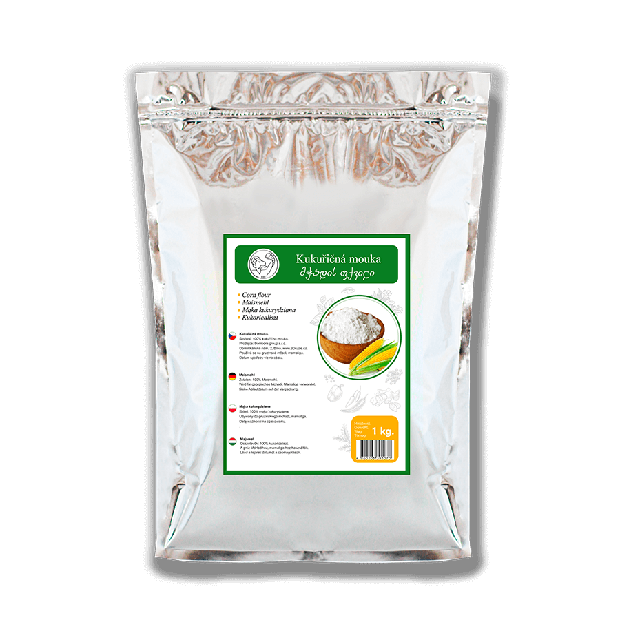 Gruzínská kukuřičná mouka 1 kg v praktickém balení, tradiční produkt z Gruzie pro vaření i pečení