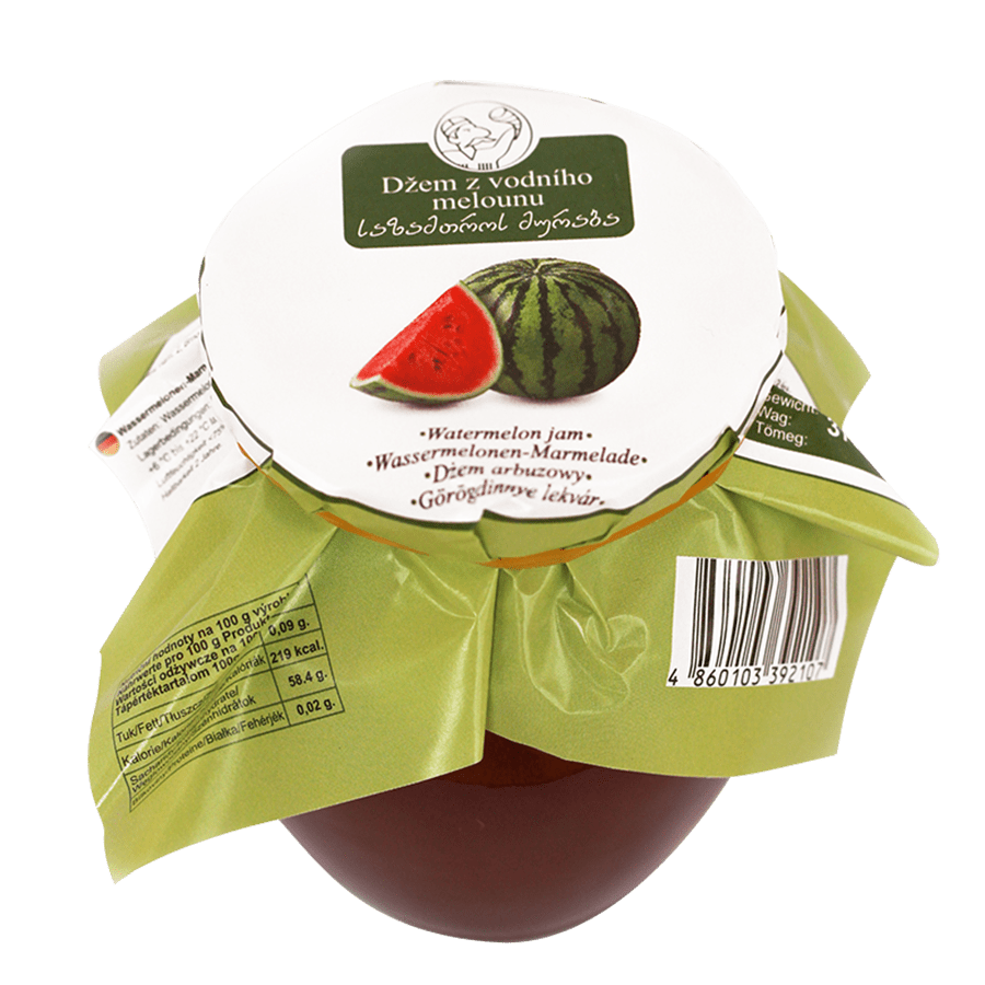 Watermelon jam - 370 g. Watermelon preserves are a refreshing treat that captures the sweet and juicy taste of summer. Watermelon chunks are carefully preserved in a mild brine that enhances their natural sweetness. Ideal as an unusual accompaniment to desserts, yoghurt or baked goods. A great choice for lovers of original and refreshing delicacies. Enjoy the unique combination of crunchy melon and sweet pickle that will bring summer atmosphere to your table. džem z vodního melounu
