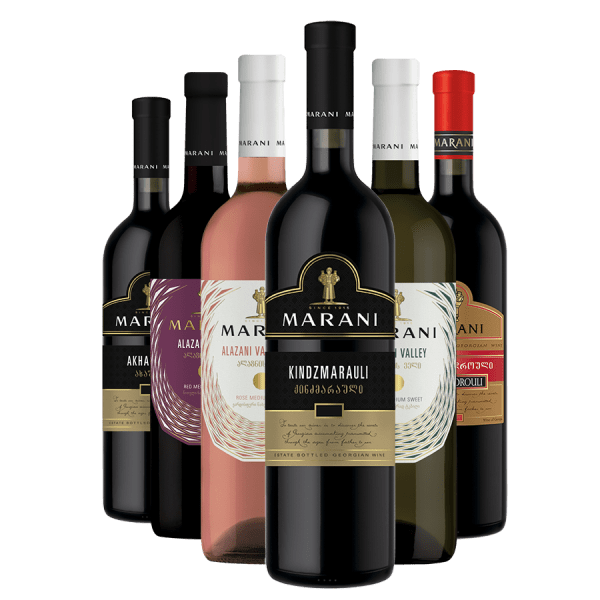 Gruzínská vína MARANI v kombinaci červeného, bílého a růžového, tradiční produkty z Gruzie