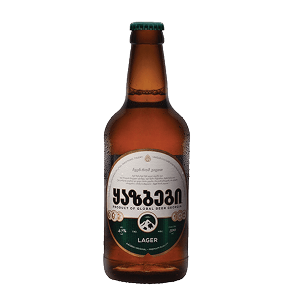 Gruzínské pivo Lager v brown lahvi z Gruzie s tradičním gruzínským designem etikety
