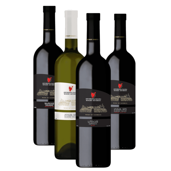 Gruzínská vína z oblasti Kakheti, červené a bílé, tradiční gruzínské odrůdy s etiketami Winery Khareba