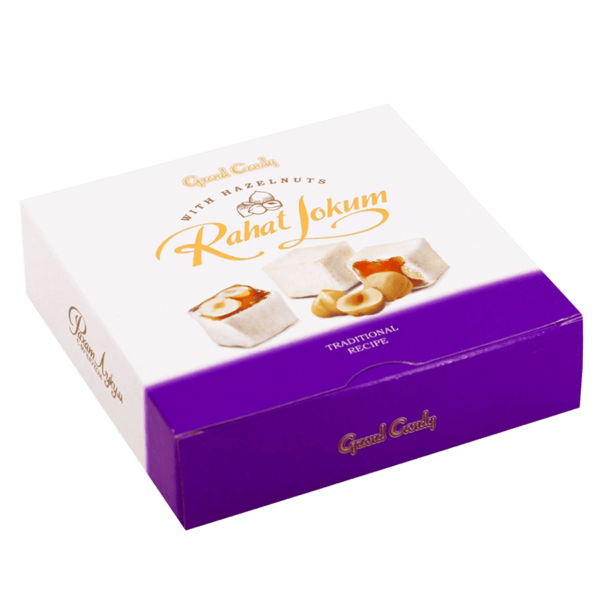 Gruzínský sladký produkt Rahat Lokum s lískovými oříšky v tradičním balení z Gruzie