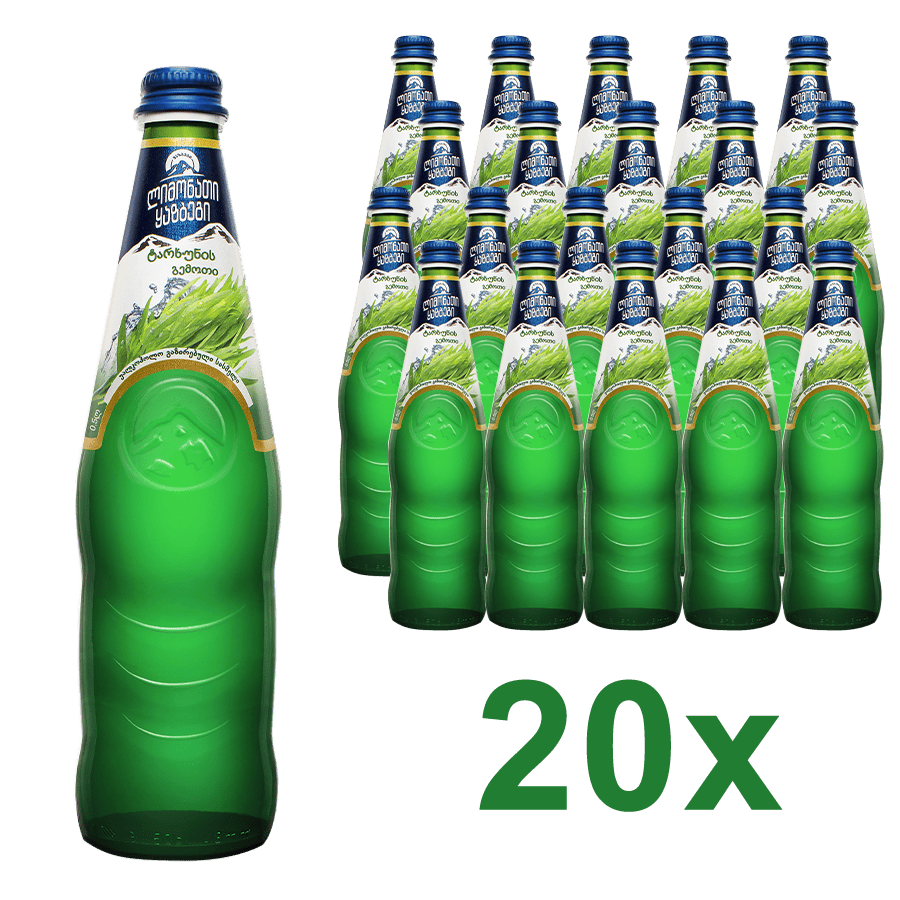 Estragonová limonáda Kazbegi - 20x0,5 l (celé balení) Výhodné balení gruzínské perlivé limonády s příchutí estragonu. Osvěžující nápoj, který vás potěší svou bohatou a intenzivní ovocnou chutí. Ideální pro horké letní dny, rodinné oslavy nebo jako netradiční doplněk k vašim oblíbeným jídlům. Pro milovníky exotických a autentických nápojů je tato limonáda skvělou volbou. Kaybegi Natakhtari Estragonová limonáda Tarxun
